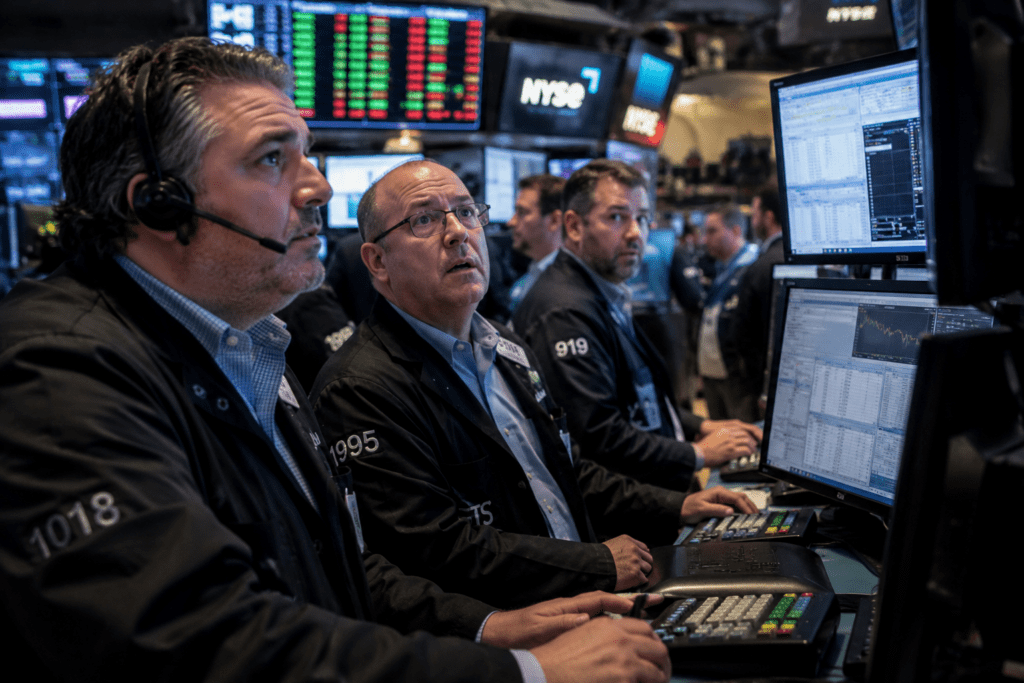 Traders analyse live stock charts and market data across multiple screens on the New York Stock Exchange floor.