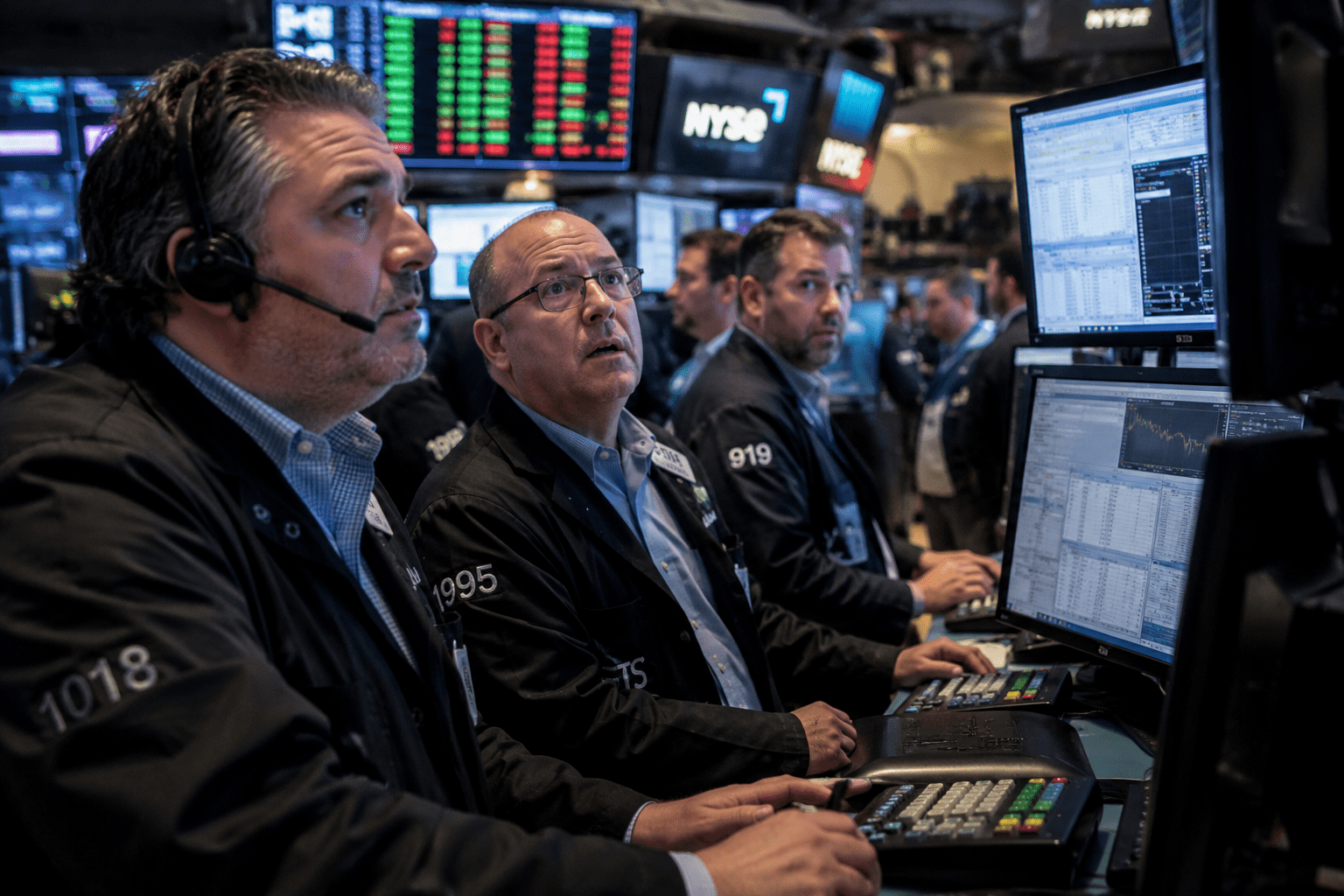 Traders analyse live stock charts and market data across multiple screens on the New York Stock Exchange floor.