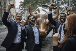 Investors cheering near charging bull statue