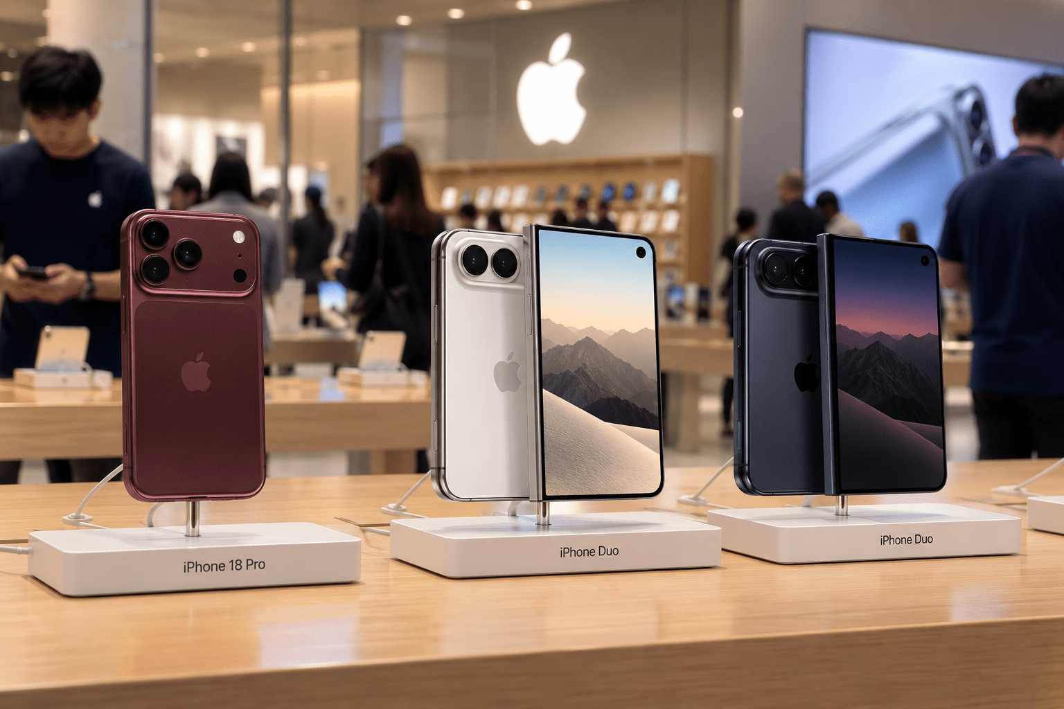 iPhone 18 pro, iPhone Duo models in an Apple store