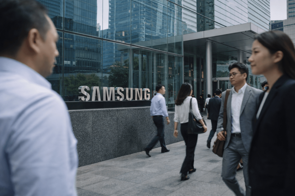 Samsung employees walk outside a modern corporate office building.