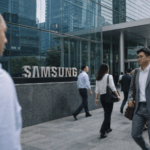 Samsung employees walk outside a modern corporate office building.