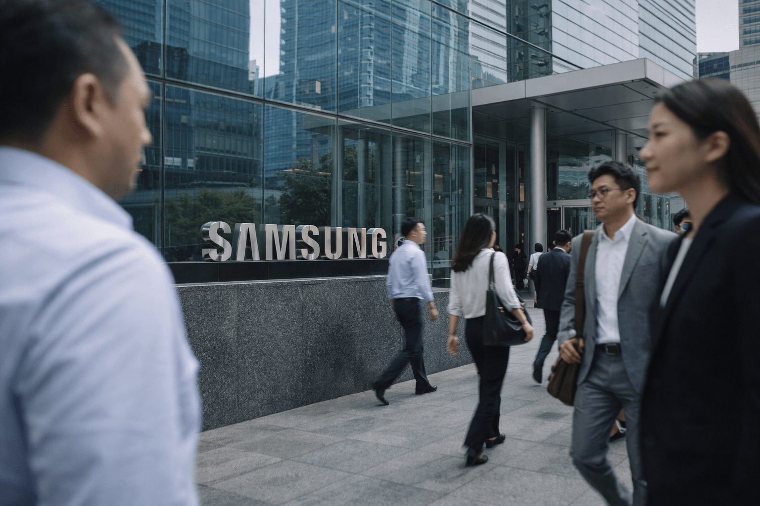 Samsung employees walk outside a modern corporate office building.