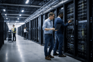 Experts checking Coreweave servers on data center