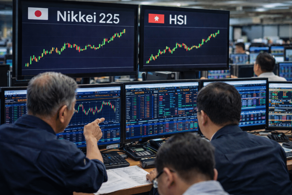 Traders monitor multiple screens showing Nikkei 225 and Hang Seng Index charts in a busy Asian stock trading room.